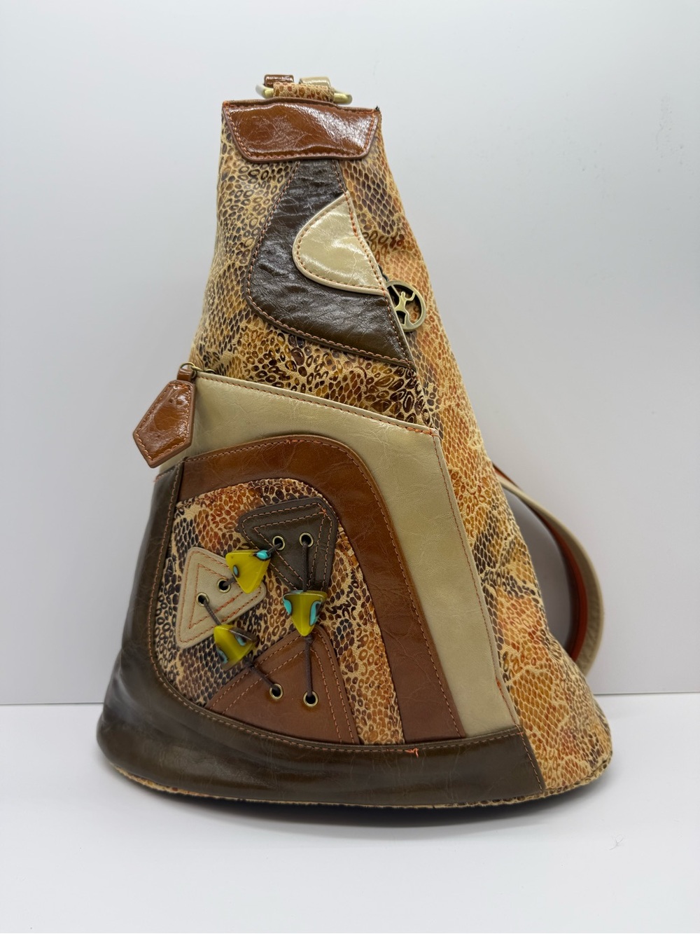 Patchwork Leather Triangle Sling Bag - Brown & Tan